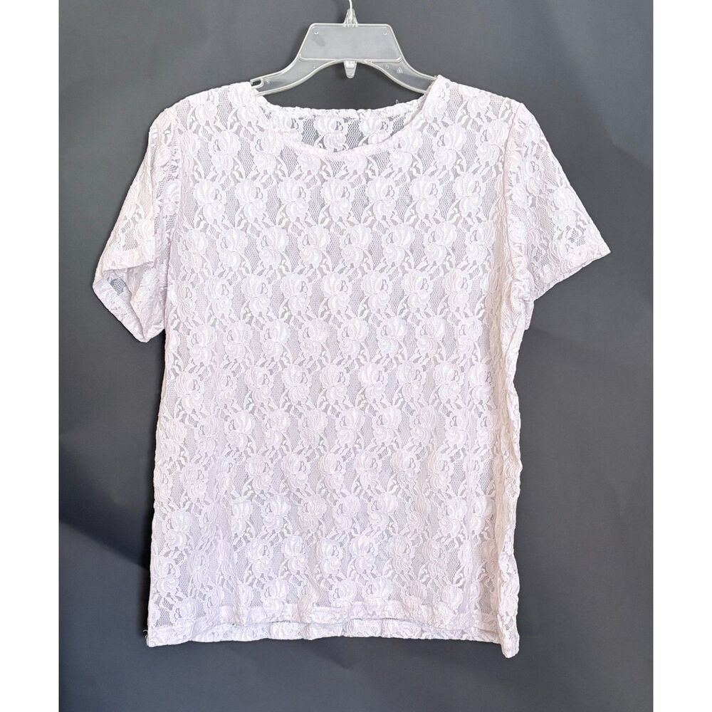 Women’s Vintage White Floral Stretch Lace Top Short Sleeve Size Medium